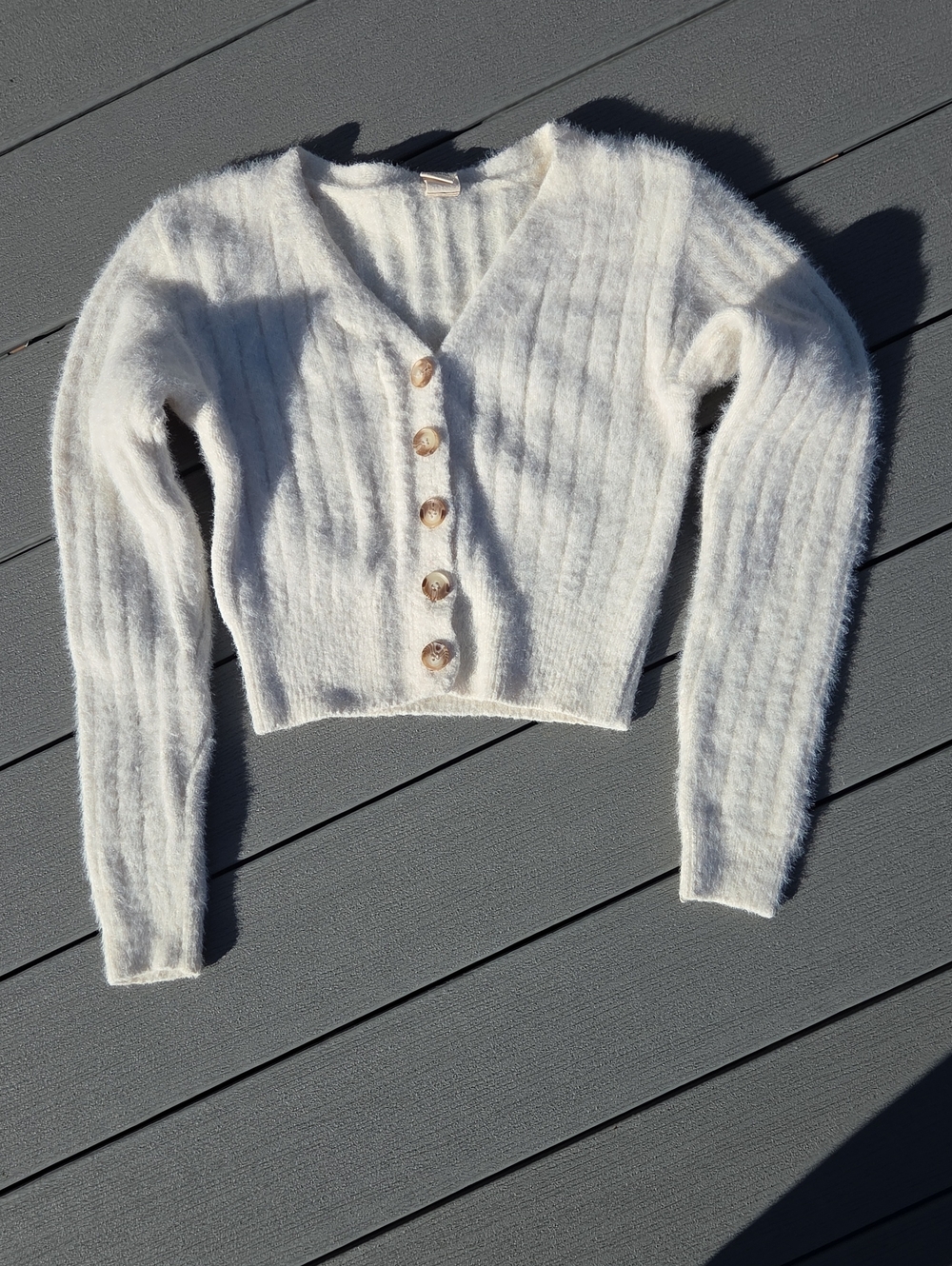 Urban Outfitters White Fuzzy V-Neck Cropped Button Cardigan
